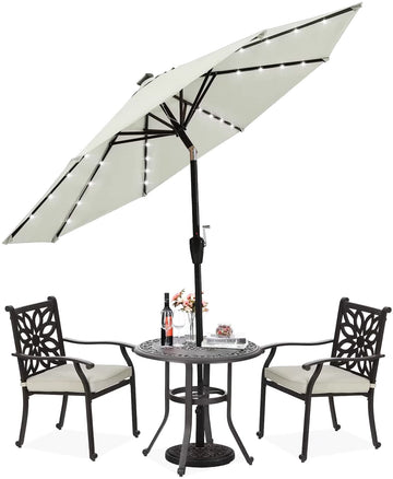 10 フィート スチール マーケット ティルト パティオ アンブレラ (クランクとソーラー LED 付き、ベージュ)